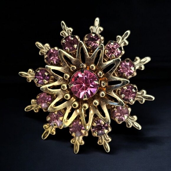 Vintage Gold Tone Pink Flower Snowflake Sun Brooch Pronged 3D Layered 1.25" - Picture 9 of 9